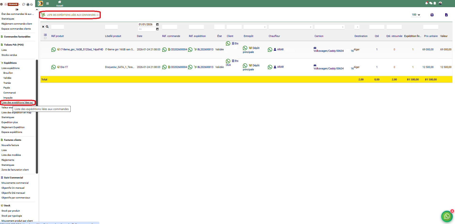 Expéditions liées aux commandes